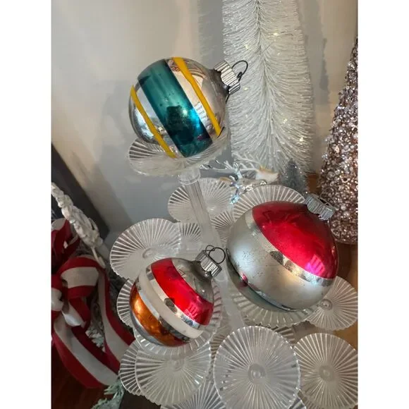 3 striped vintage Christmas ornaments, glass Christmas balls - Picture 1 of 4